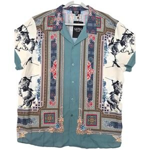 BoohooMAN Shirt Mens 3XL Green Baroque Horse Border Print Short Sleeve‎ Button